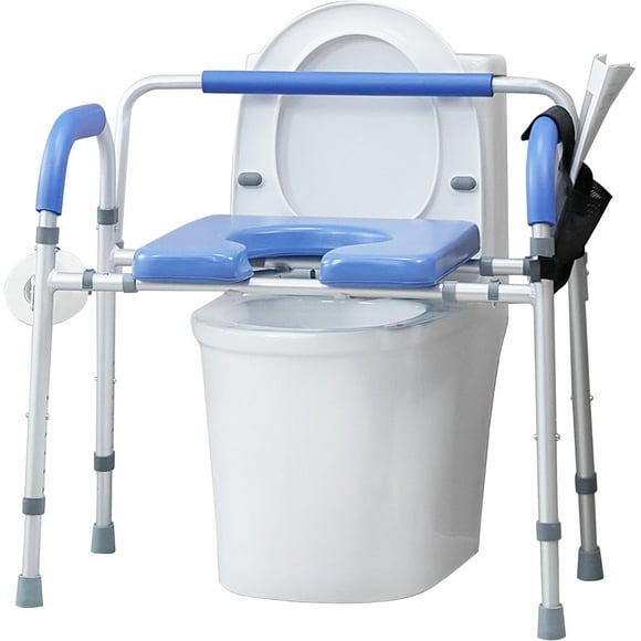 Heavy Duty Raised Toilet Seat with Armrests and Padded Seat, Elevated Toilet Seat Riser, Medical Bedside Commode Chair for Elderly and Disabled, Blue