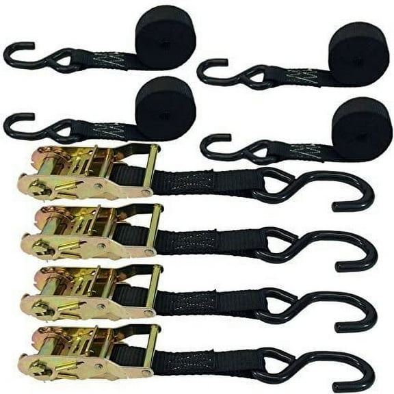 Heavy Duty Ratchet Strap (4PK ) Premium Tie Down Straps for Moving & Securing Cargo Coated Deep S-Hook & Extra Safety with Lockable Release - Made in USA (Black, 6 FT)