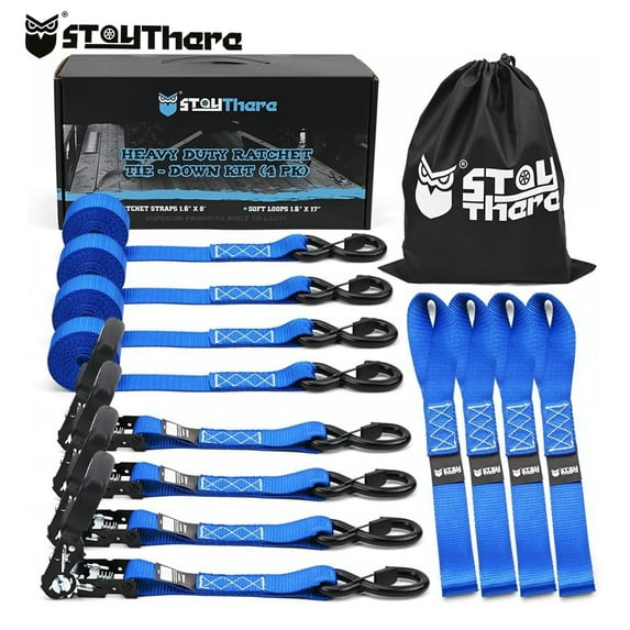 Heavy Duty Ratchet Tie Down Straps - 5208 Lbs Breaking Strength 1.6'' x 8'' , includes 4 Heavy Duty Ratchet Padded Handles - Coated Deep S-Hook & Carry Bag (Blue)