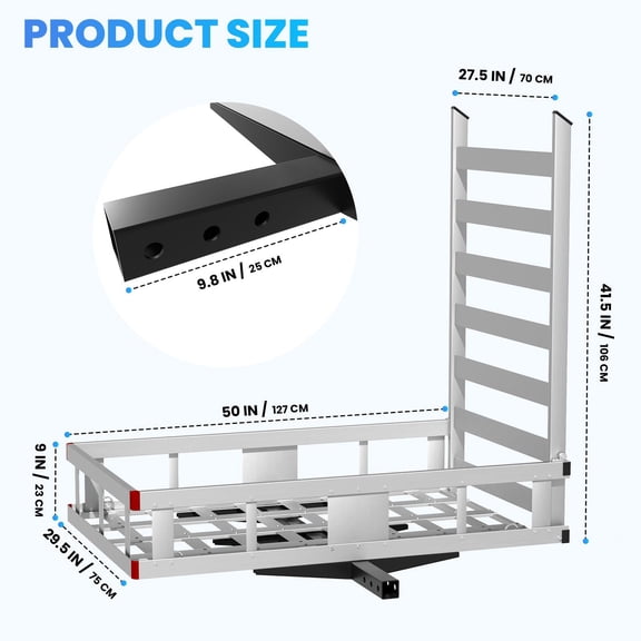 Heavy Duty Rear Hitch Cargo Hauler, 50 29.5 9 in Aluminum Hitch Tray, 500 LBS Loading Capacity, 41.5 in Ramp, 2" Receiver, Secure Tie-Downs, Weather-Resistant, for Van SUV Trailer RV