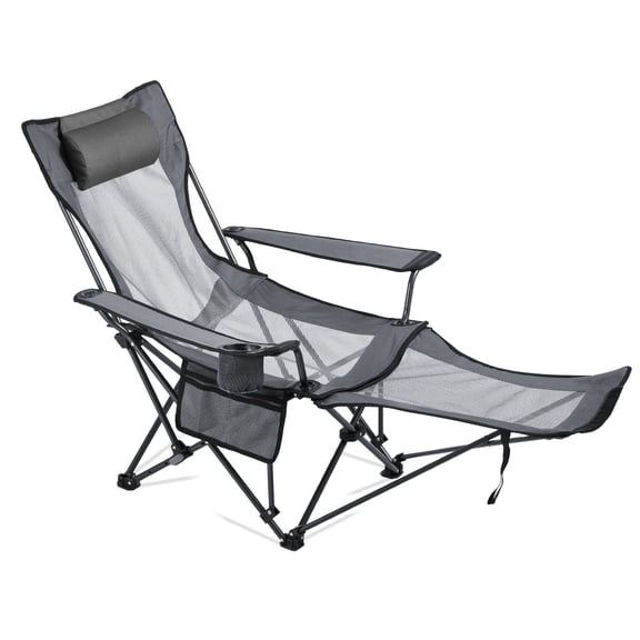 Heavy Duty Reclining Camping Chair with Headrest and Foot Rest 4 Adjustable Positions Portable Folding Lounger Supports 220 lbs Gray