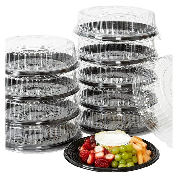 Heavy Duty, Recyclable 12 In. Serving Tray and Lid 10pk. Large, Black Plastic Party Platters with Clear Lids. Round Banquet or Catering Trays for Serving Appetizers, Sandwich and Veggie Plates