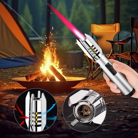 Heavy Duty Refillable Gas Lighter, Windproof High Temperature Spitfire Jet Flame Butane Lighter, Adjustable Outdoor Camping Lighter for Grill Stove Fireplace Kitchen Candle Ignition Welding Tools