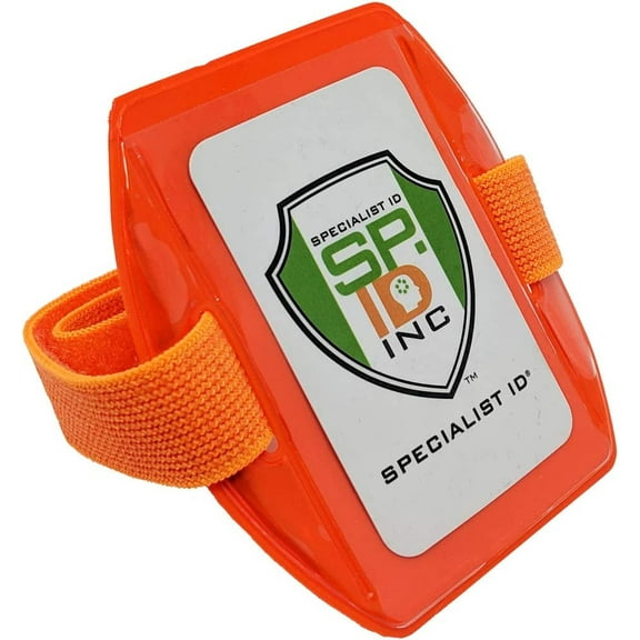 Heavy Duty Reflective Armband ID Badge Holder- Hi Visibility - Bright Orange with Adjustable Elastic and Hook & Loop Strap by Specialist ID