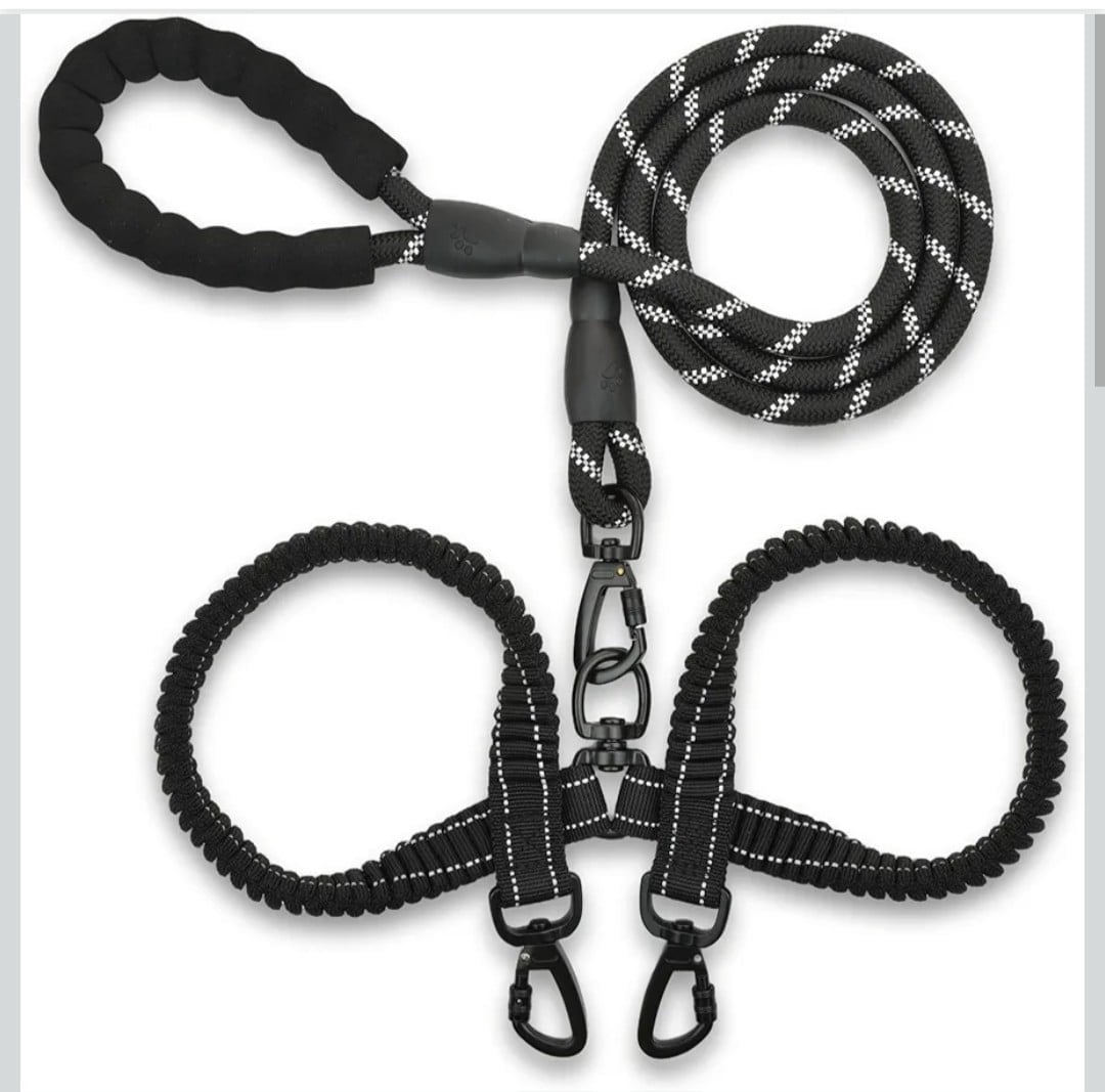 Skruffies Love Very Heavy Duty Reflective Bungee Double Dog Leash, Walks 2 Dogs, Black