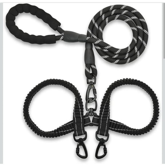 Skruffies Love Very Heavy Duty Reflective Bungee Double Dog Leash, Walks 2 Dogs, Black