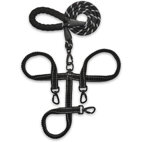 Skruffies Love Comfort Triple Dog Leash with Ergonomic Padded Handle, Heavy Duty, Black