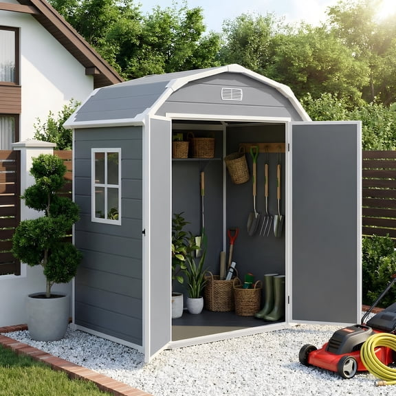 Heavy-Duty Resin Outdoor Storage Outdoor Storage with Floor - Lockable, Window & Vents - Waterproof Light Grey Outdoor Storage for Backyard Tools, Lawn Mower, Patio, Bikes - 6x4.5 ft