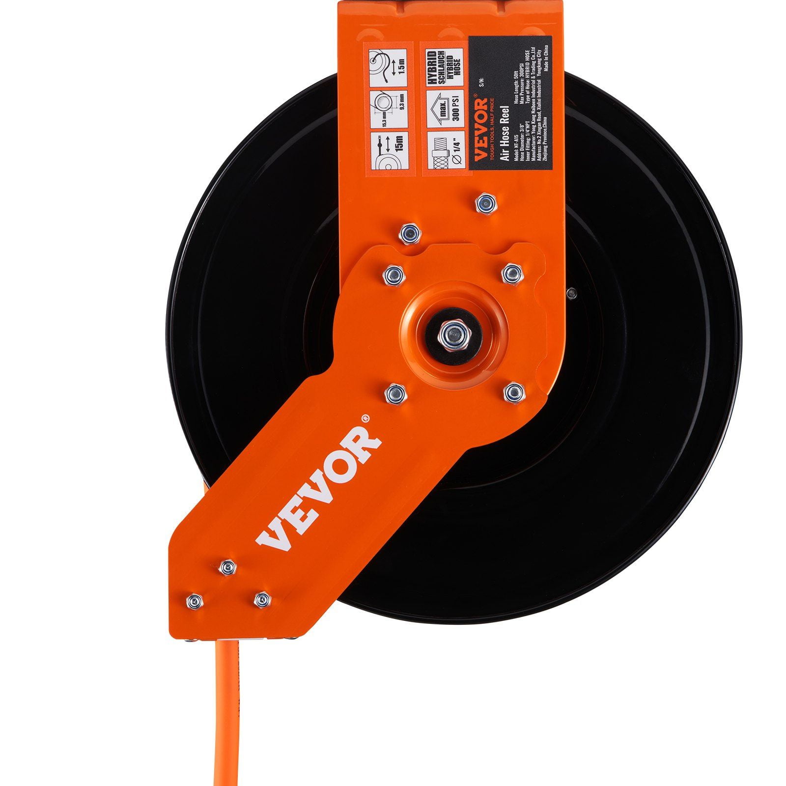 Heavy Duty Retractable Air Hose Reel, 3/8 Inch x 50 Feet Hybrid Air Hose, 300 PSI Max, Steel Air Compressor Reel with 5 Foot Lead in, Wall/Ceiling Mount