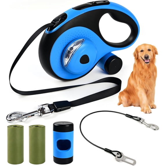 Heavy Duty Retractable Dog Leash for Large Dogs, 26ft with Chew Proof Cable, LED Light, Dispenser, 2 Poop Bags. 360° No Tangle, One Button Brake & Lock, for Dogs Up to 110Lbs. (White, 26FT)