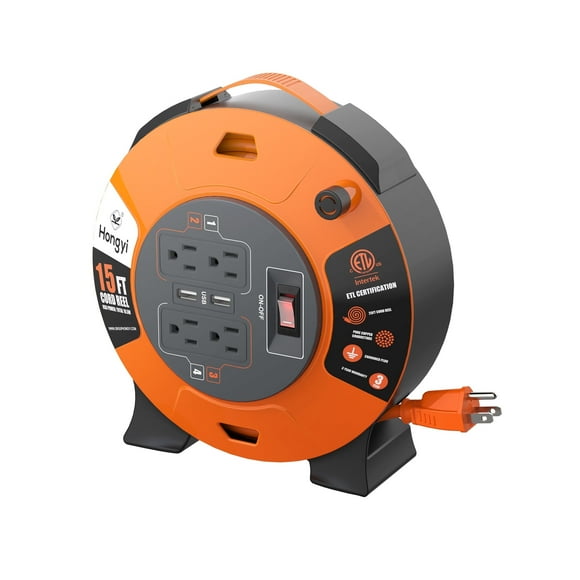 Hongyi Retractable Extension Cord Reel 15 FT,16AWGX3C,SJT,4-Outlet and 2-USB Ports,Orange