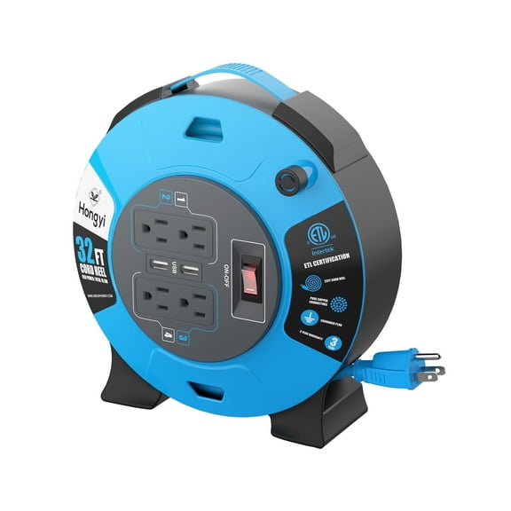 Hongyi Extension Cord Reel 32ft,16AWGX3C,SJT,4-Outlet and 2-USB Ports, Blue