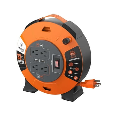 Hongyi Extension Cord Reel 32ft,16AWGX3C,SJT,4-Outlet and 2-USB Ports,Orange