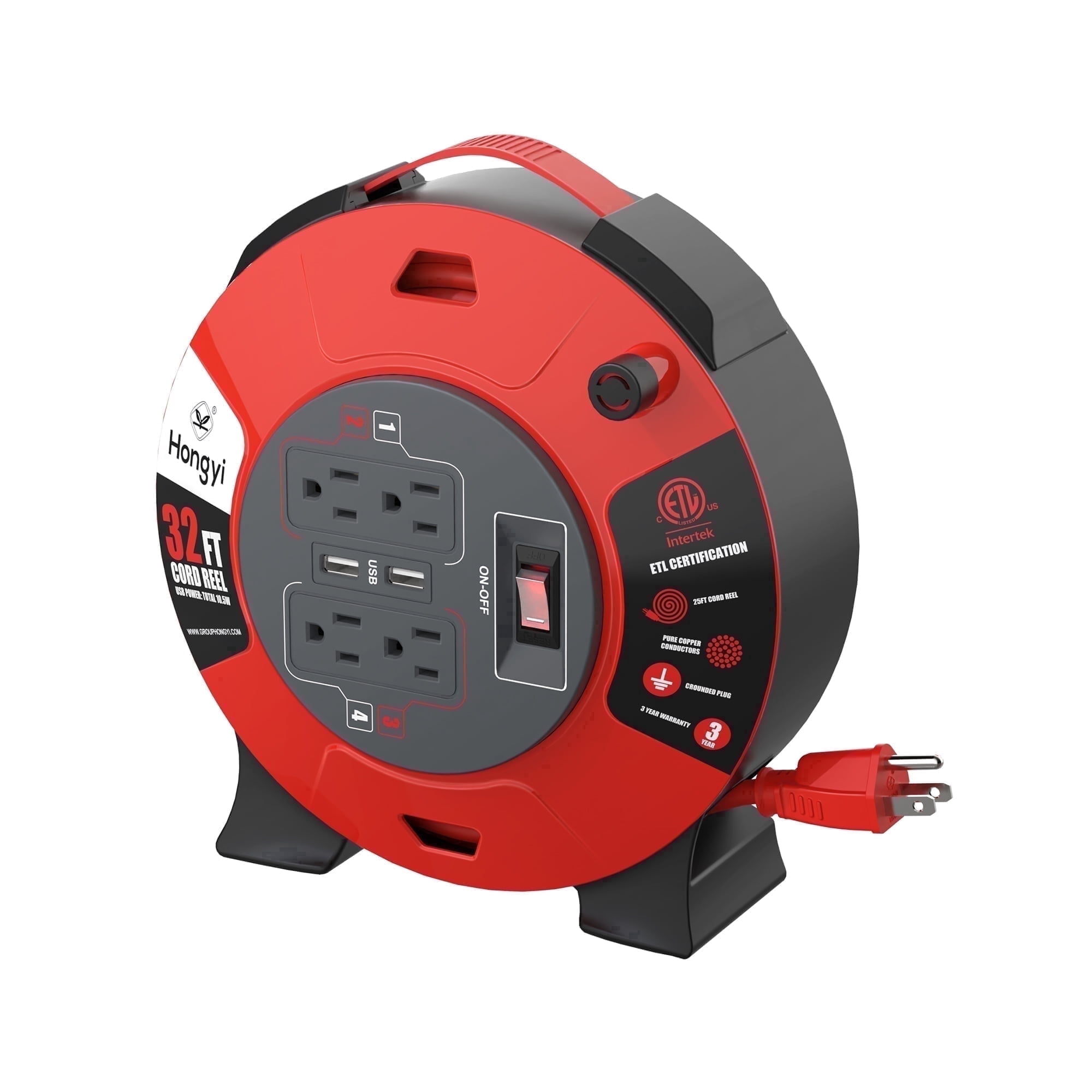 Hongyi Extension Cord Reel 32ft, 4-Outlet and 2-USB Ports, 16AWG/3C,SJT Cable, Red
