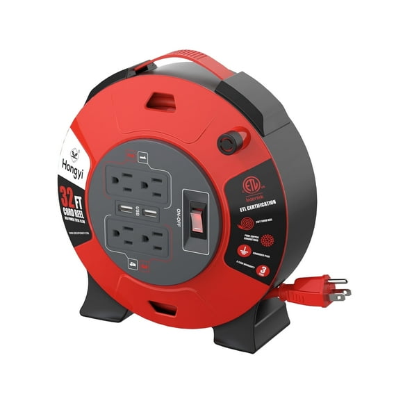 Hongyi Extension Cord Reel 32ft,16AWGX3C,SJT,4-Outlet and 2-USB Ports,Red