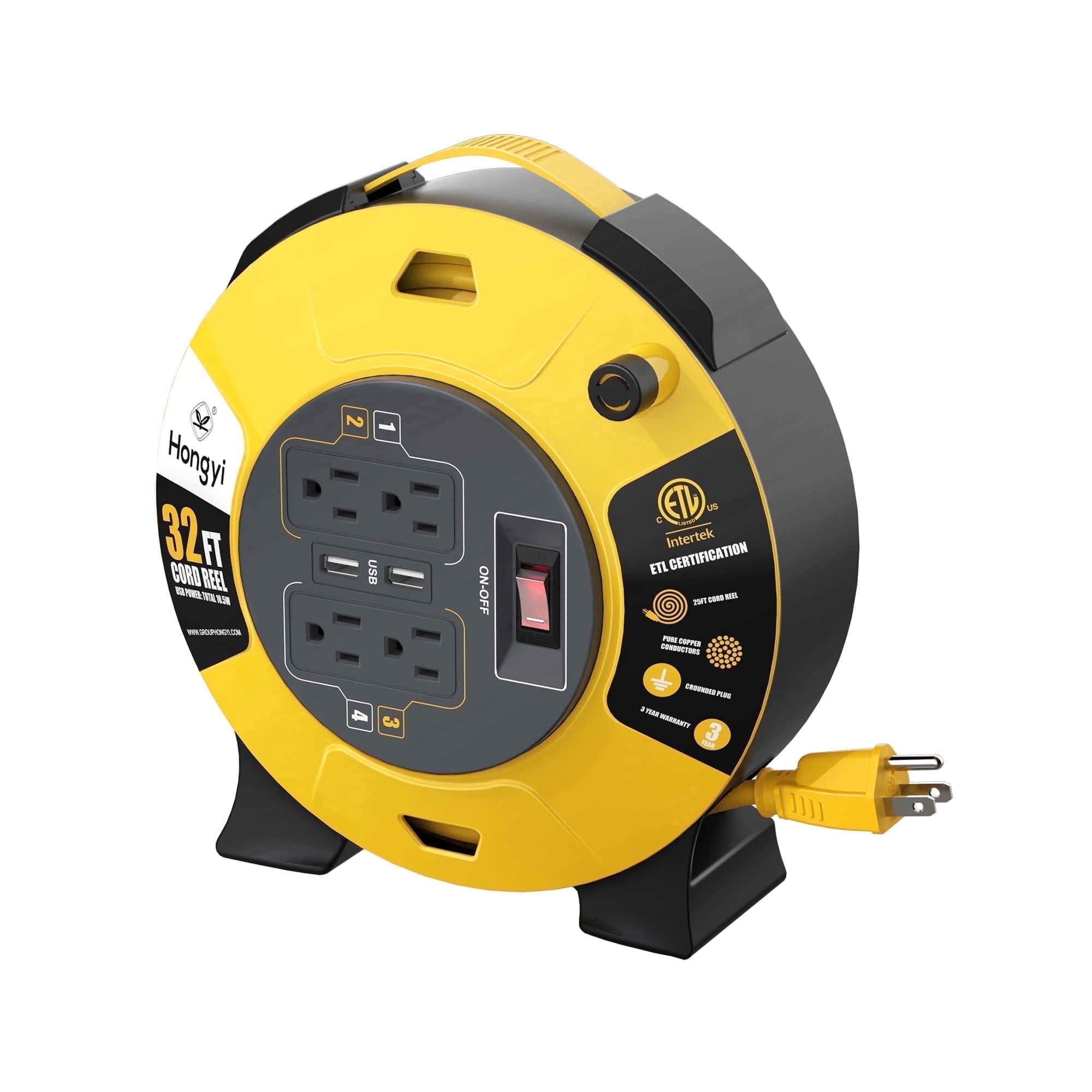 Hongyi Extension Cord Reel 32ft,16AWGX3C,SJT,4-Outlet and 2-USB Ports,Yellow