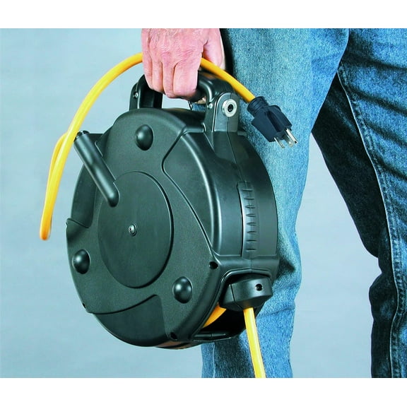 Heavy Duty Retractable Extension Cord Reel with Quad-Tap Outlets and Power Indicator