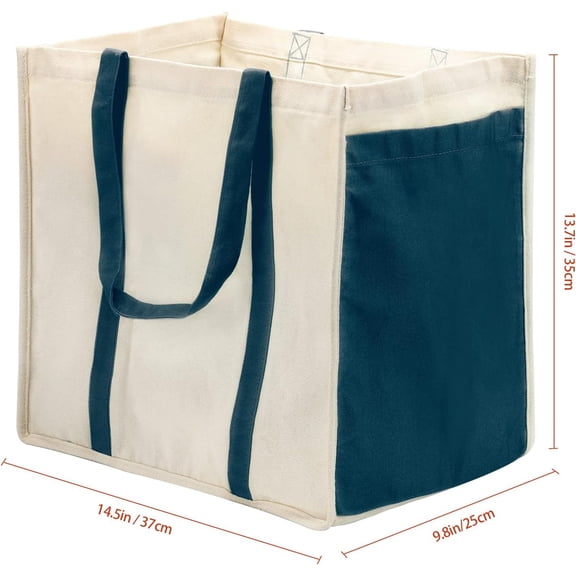 Heavy Duty Reusable Cotton Canvas Grocery Tote Bags with Side Pockets, Large Utility Bag for Shopping, Beach, Picnic$$Home Decor, Kitchen, & Other