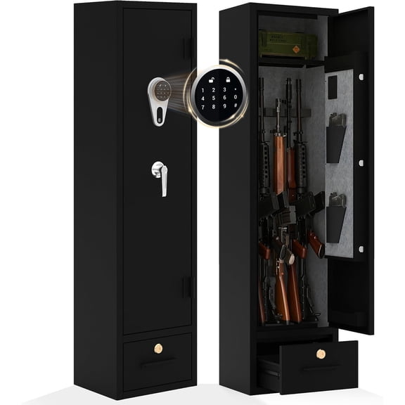 Heavy Duty Rifle & Pistol Safe with Quick Access Fingerprint Lock & Digital Backlit Keypad Removable Shelves, Pistol Pockets, Dual Alarm Home Security Gun Cabinet for Shotguns