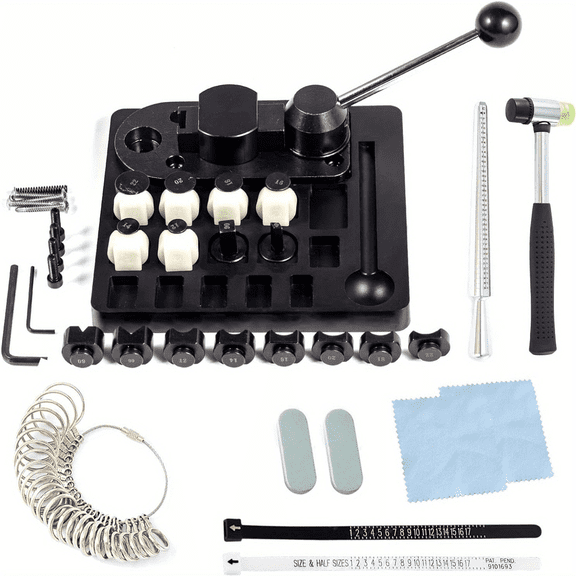 Heavy Duty Ring Bender Tool, Ring Press Machine for Spoon Rings, Jewelry Ring Making Kit with Ring Sizer Gauge, Ring Mandrel Stick & Double Head Rubber Hammer, 6 Round Dies and 2 Post Dies Set