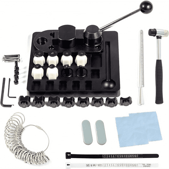 Heavy Duty Ring Bender Tool, Ring Press Machine for Spoon Rings, Jewelry Ring Making Kit with Ring Sizer Gauge, Ring Mandrel Stick & Double Head Rubber Hammer, 6 Round Dies and 2 Post Dies Set