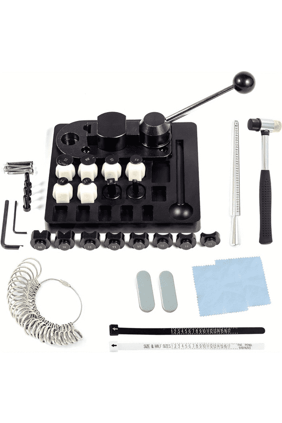 Heavy Duty Ring Bender Tool, Ring Press Machine for Spoon Rings, Jewelry Ring Making Kit with Ring Sizer Gauge, Ring Mandrel Stick & Double Head Rubber Hammer, 6 Round Dies and 2 Post Dies Set