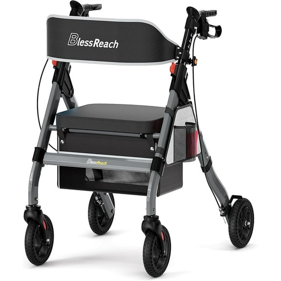 Heavy Duty Rollator Walker - Aluminum Rolling Walker for Seniors and Adults with Large Seat, Support Up 450 lbs (Grey)