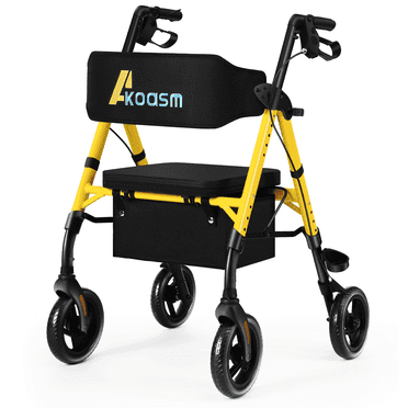 Lightweight Foldable Rollator Walkers for Seniors with Seat - Adult Rolling Walker with Seat and Brakes, 300 lb Capacity, All Terrain 8" Big Roller Wheels, Adjustable Handles and Seat Height, Yellow