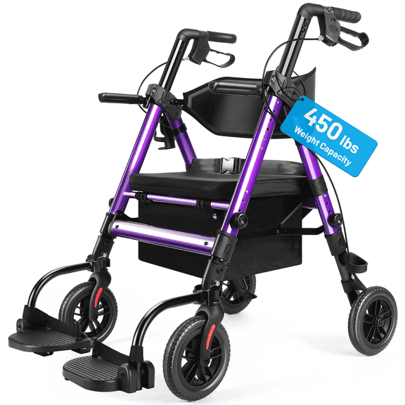Heavy Duty Rollator Walker for Seniors with seat, Foldable 2-in-1 Rolling Walkers Wheelchair Combo for Adult , All Terrain Wheels, Adjustable Transport Chair with Brake, 450 lb. Weight Capacity