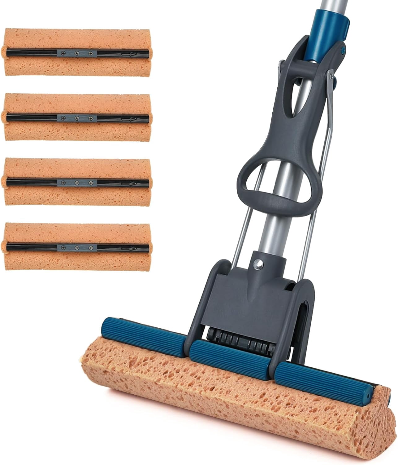 Heavy Duty Roller Mop with 4 Refill Heads, Self-Squeeze Handle for Hardwood Tile and Wall Cleaning