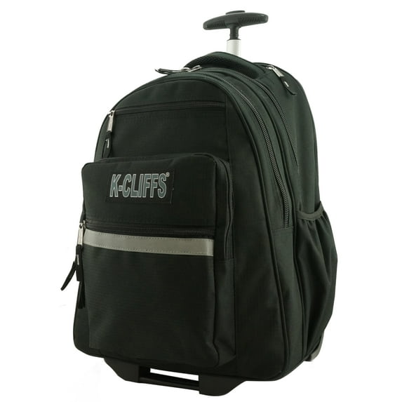 K-Cliffs Heavy Duty Rolling Backpack Student School Laptop Bookbag with Wheels Deluxe Trolley Book Bag Wheeled Daypack Multiple Pockets Unisex with Safety Reflective Stripe Black