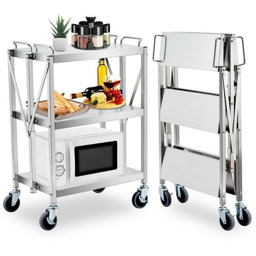 Heavy Duty Rolling Cart, Food Storage Service Trolley with Wheels, Collapsible Stainless Steel 3-Tier Rolling Cart for Kitchen Restaurant Hospital Lab and Hotel