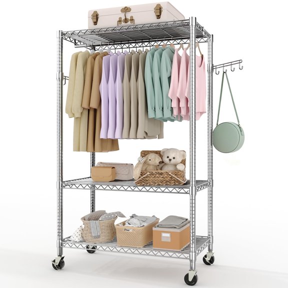 Heavy Duty Rolling Clothes Rack 22mm Pipes 695LBS, with Adjustable Shelves Hanging Rod Hooks