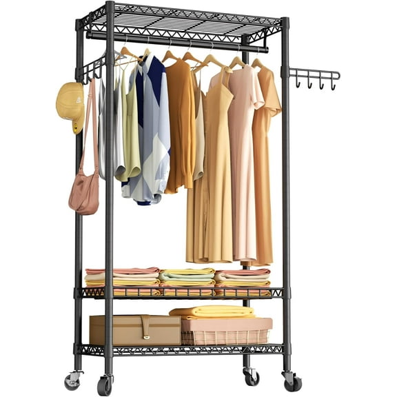 Heavy Duty Clothes Rack Rolling Garment Rack,3 Tier Adjustable Wire Shelving Clothing Racks for Hanging Clothes with Hanger Rod&Side Hooks,Freestanding Wardrobe Storage Rack Metal Portable Closet