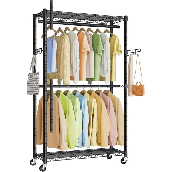 Heavy-Duty Rolling Clothes Rack, Garment Rack, Portable Closet on Wheels, with Adjustable Mesh Shelves and Hanging Rails, Hooks