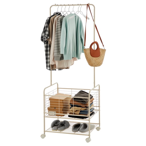 Heavy Duty Rolling Clothes Rack with Wheels - Freestanding Metal Garment Organizer with Storage Basket - Portable Laundry Cart and Hanging Rack for Laundry Room, Bedroom, Bathroom