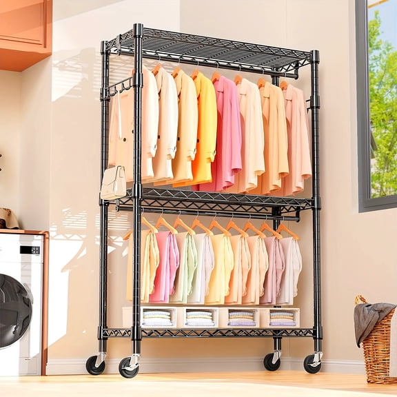 Heavy-Duty Rolling Clothes Rack with Wheels - Portable Double Garment Rack, 520 lbs Capacity, Space-Saving for Retail Commercial Use (17.7"W x 17.1"D x 70.9"H), Black