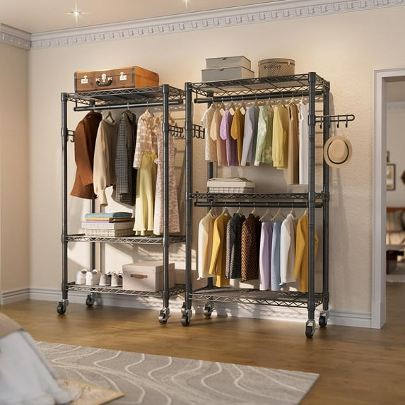 Heavy Duty Rolling Clothes Rack with 3 Tiers, Adjustable Wire Shelves, Double Hanging Rods & Side Hooks for Closet Storage
