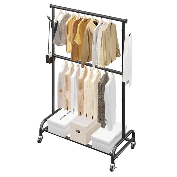 Heavy Duty Rolling Clothes Rack with Adjustable Crossbar Side Hooks 150 lbs Load Capacity Carbon Steel Garment Rack for Bedroom Laundry Living Room