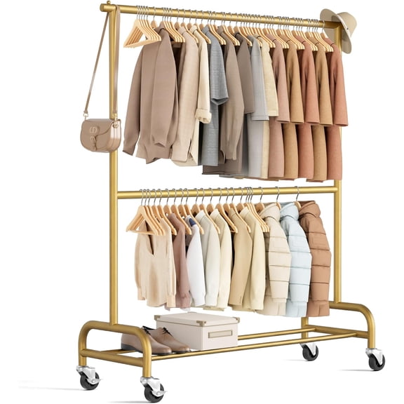 Heavy Duty Rolling Clothes Rack with Double Rod, 77.5 Inch Height, 150 lb Capacity, Gold