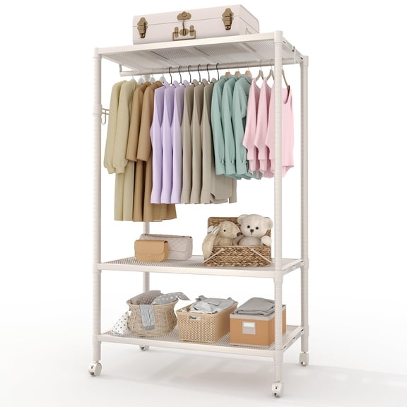 Heavy Duty Rolling Clothes Rack with Locking Wheels & Shelf, 695 lb Capacity Portable Garment Rack, Matte White