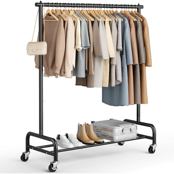 Heavy Duty Rolling Clothes Rack with Single Rod, 150 lb Capacity, Matte Black