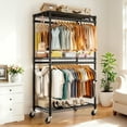 thumbnail image 1 of Heavy Duty Rolling Clothes Rack with Wheels Adjustable 3 Tiers Wire Shelving Organizing Unit with 2 Rails and Side Hooks, 1 of 9