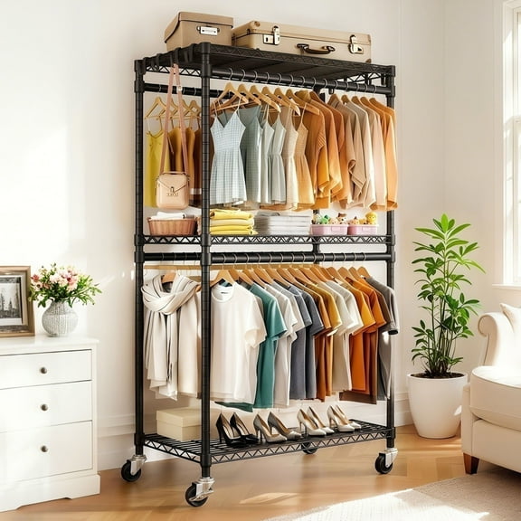 Heavy Duty Rolling Clothes Rack with Wheels Adjustable 3 Tiers Wire Shelving Organizing Unit with 2 Rails and Side Hooks