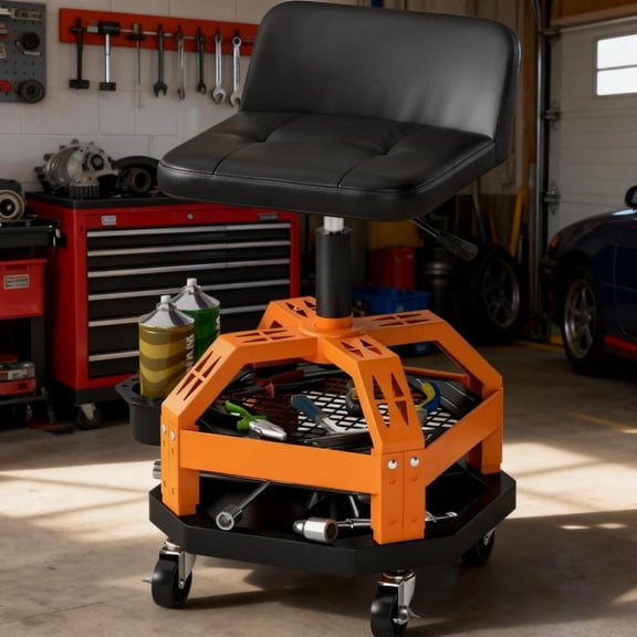 Heavy-Duty Rolling Garage Creeper Stool with Tool Tray - Adjustable Height Mechanic Stool with 360 Wheels & Dual Storage Trays