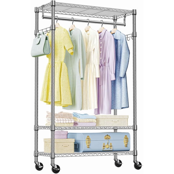 Heavy Duty Rolling Garment Rack with 3 Adjustable Wire Shelves, Hanging Rod & Side Hooks - Mobile Clothes Rack with Wheels, 29.5" W x 15.7" D x 75" H,Chrome