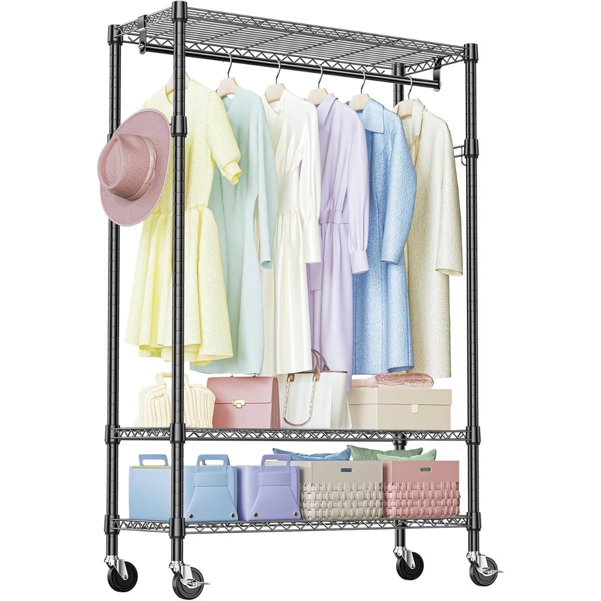 Mobile Clothes Racks Heavy Duty Rolling Garment Rack with 3 Adjustable Wire Shelves, Hanging ...