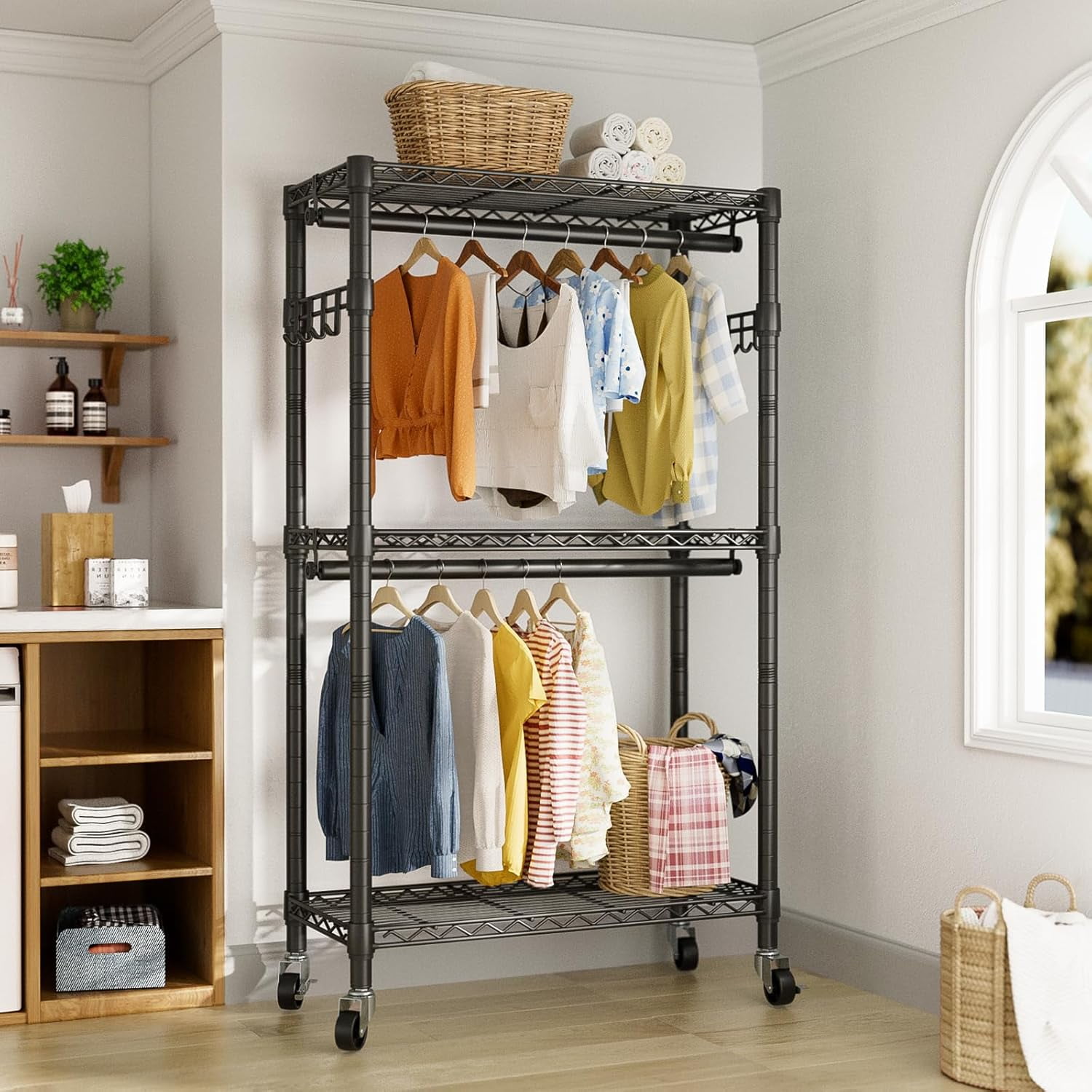 Heavy Duty Rolling Garment Rack, 3-Tier Adjustable Wire Shelving ...