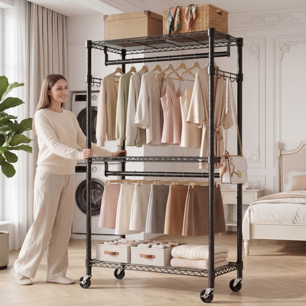 Heavy Duty Rolling Garment Rack, 3-Tier Adjustable Wire Shelving Clothes Rack with 2 Hanging Rods, Side Hooks & Lockable Wheels, Black