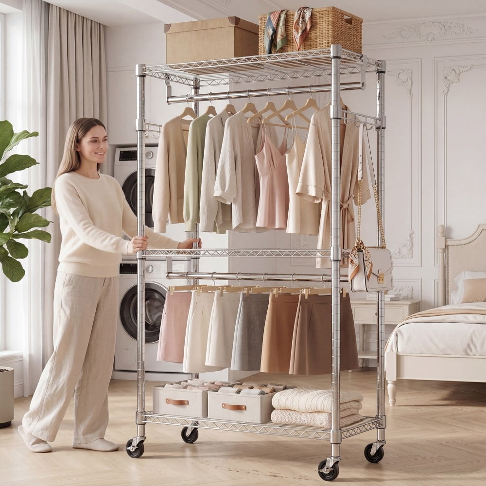 Heavy Duty Rolling Garment Rack, 3-Tier Adjustable Wire Shelving Clothes Rack with 2 Hanging Rods, Side Hooks & Lockable Wheels, Chrome